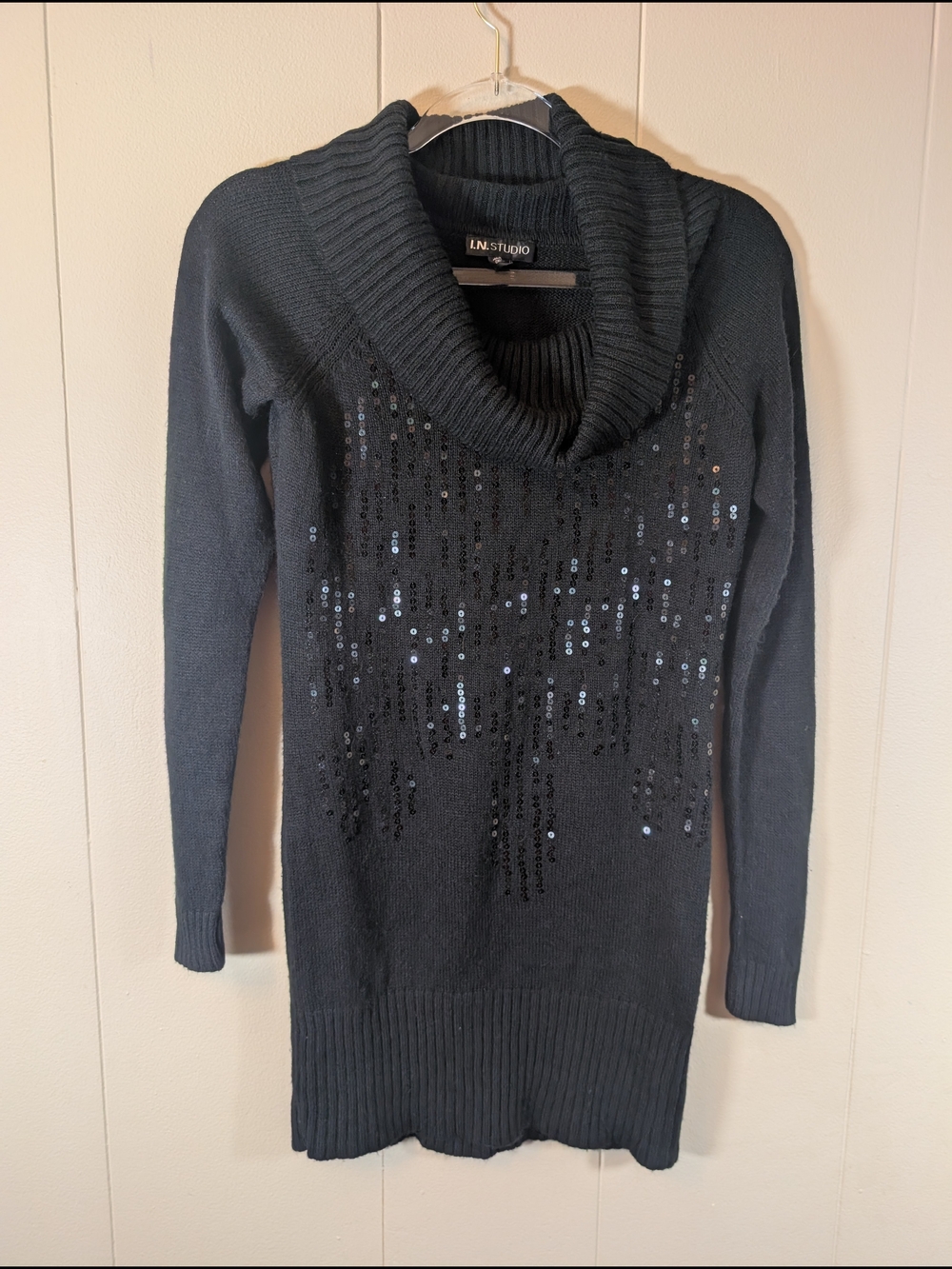I.N. Studio Black Sequin Cowl Neck Sweater Dress Tunic Women's Small